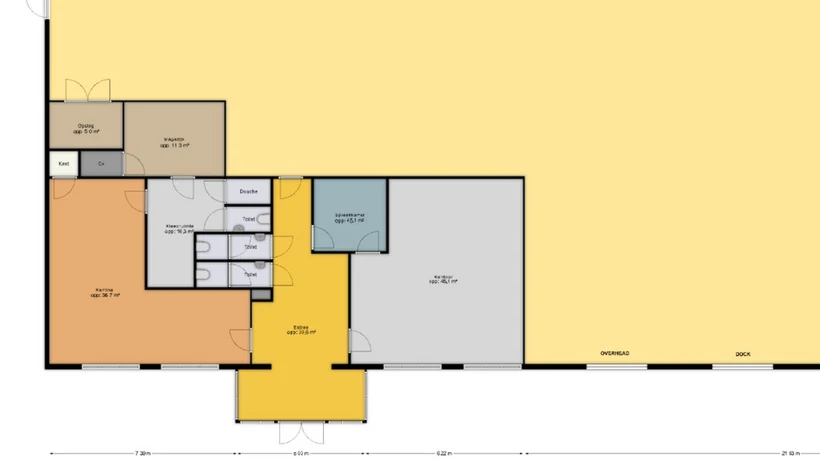 Uitsnede van een 2D-plattegrond in Floorplanner, met per ruimte de oppervlakte erbij