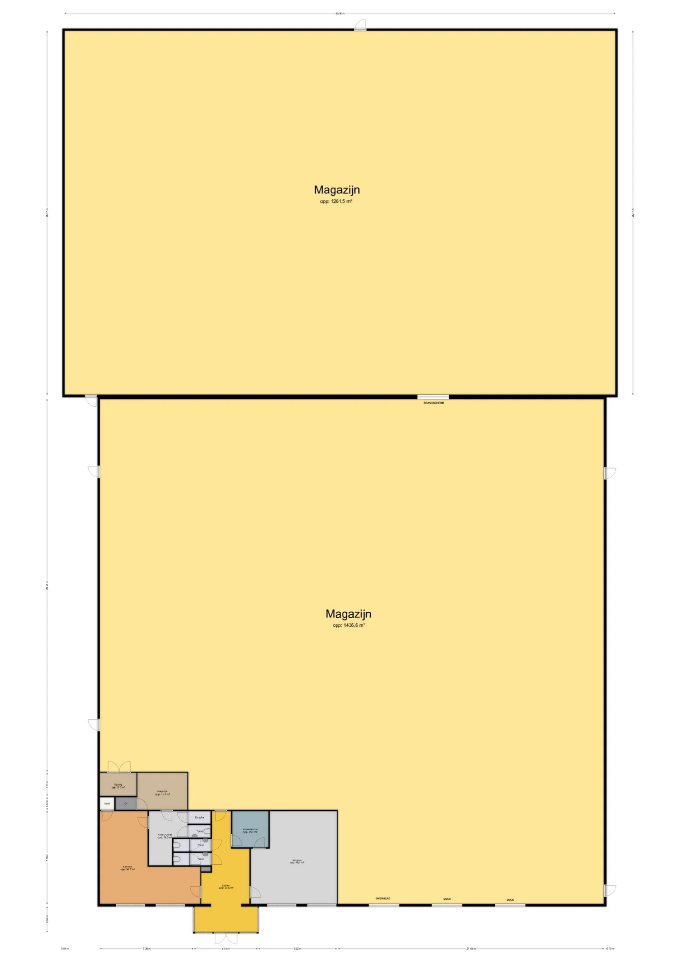 2D-plattegrond in Floorplanner van een bedrijfspand met twee magazijnen van 1.261 en 1.437 vierkante meter en een kantoordeel met kantine, kleedruimte en spreekkamer, met per ruimte de oppervlakte erbij